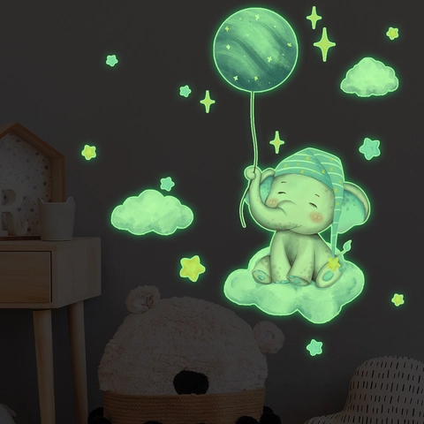 Adesivi Murali Elefante Luna Stelle Luminosi PVC Decorazione Per Cameretta Bambini Removibile