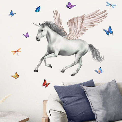 Autocollants Muraux Licorne Avec Ailes Roses Papillons Colorés Libellules Décalcomanies Auto-Adhésives PVC Pour Chambre Enfant