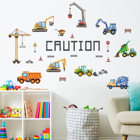 Cartoon Baustellenfahrzeuge Wandtattoo Bagger Kran LKW Aufkleber Für Kinderzimmer Schlafzimmer Deko PVC Material