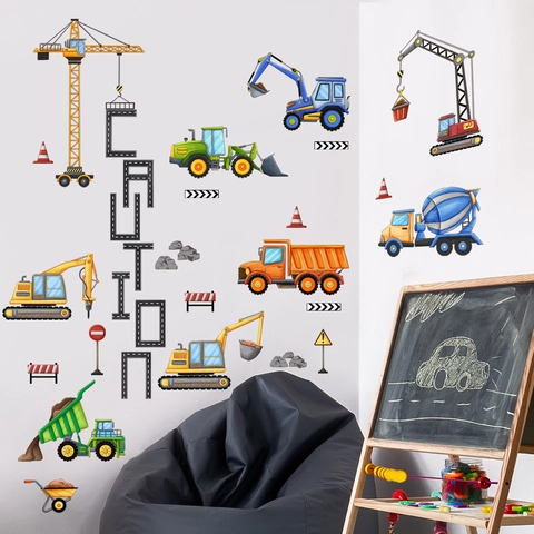 Cartoon Baustellenfahrzeuge Wandtattoo Bagger Kran LKW Aufkleber Für Kinderzimmer Schlafzimmer Deko PVC Material