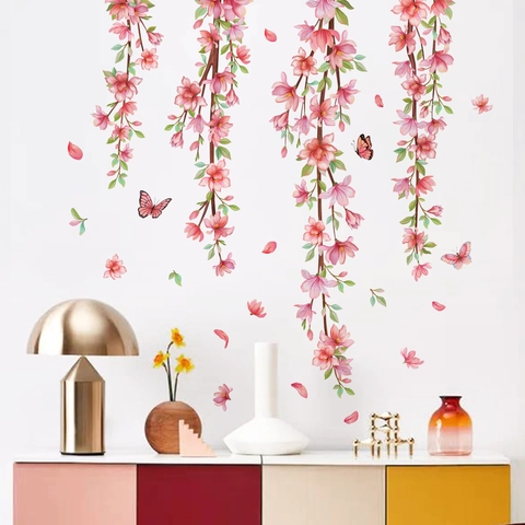 Pastorale PVC Rosa Kirschblüte Lila Blauregen Wandaufkleber Mit Schmetterling Abnehmbare Blumen Wandtattoos Für Schlafzimmer Wohnzimmer