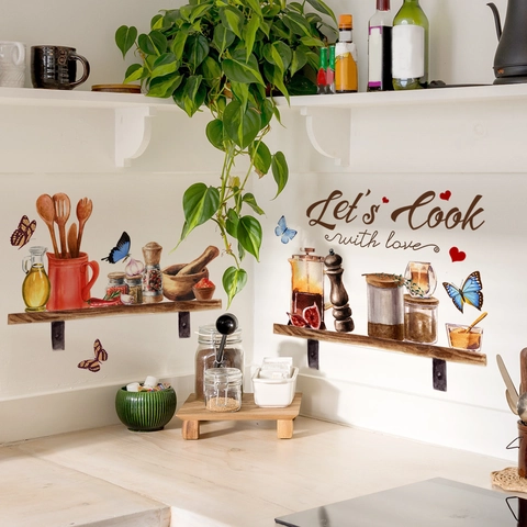 Watercolor Kitchen Butterfly Wall Stickers With Lets Cook With Love Quote PVC Removable Art Decals For Dining Room Decor