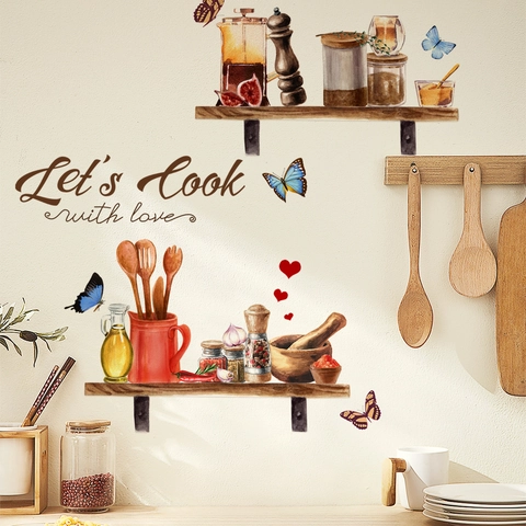 Watercolor Kitchen Butterfly Wall Stickers With Lets Cook With Love Quote PVC Removable Art Decals For Dining Room Decor