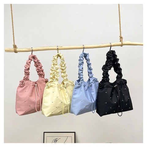 Women Fashion Ruffle Shoulder Bag Large Capacity Fabric Tote Bag With Rhinestones Drawstring Casual Elegant Handbag