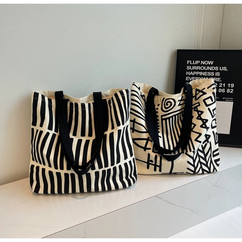 Damen Canvas Tote Bag Abstrakte Geometrische Graffiti Druck Große Kapazität Schulter Handtasche Reißverschluss Alltag