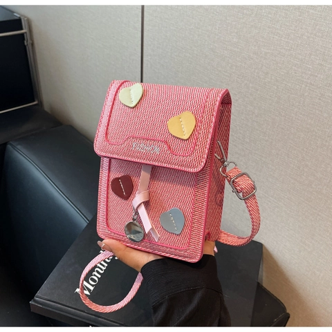 Small Crossbody Bag For Women PU Leather Heart Patch Vertical Square Mobile Phone Bag Romantic Retro Sweet Style