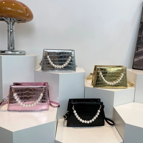 Borsa a Spalla da Donna Con Motivo a Coccodrillo e Manico in Perla Artificial in Pelle PU Lucida Metallizzata Borsa a Mano per Festa Serale Banchetto Piccola Borsa Quadrata Elegante