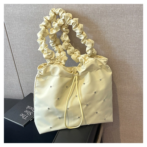 Women Fashion Ruffle Shoulder Bag Large Capacity Fabric Tote Bag With Rhinestones Drawstring Casual Elegant Handbag