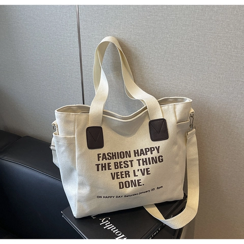 Große Kapazität Segeltuch Tragetasche Für Damen Vintage Buchstaben Druck Schultertasche Verstellbarer Gurt Lässig Schulhandtasche