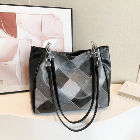 Bolso Tote de Cuero PU de Retazos Vintage con Bloques de Color Bolso de Hombro de Gran Capacidad con Cadena de Metal para Mujer Bolso de Moda Uso Diario Estilo Hepburn