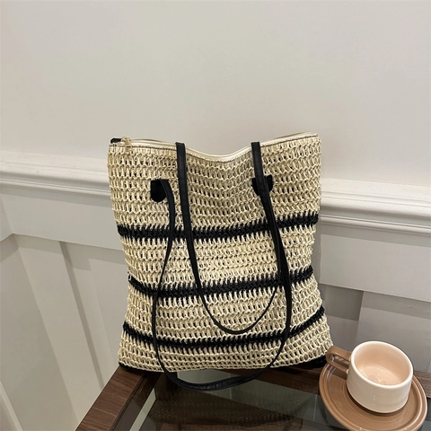 Japanische Pastorale Stroh Geflochtene Tragetasche Damen Vintage Gestreifte Schultertasche Mit Reißverschluss Strandtasche
