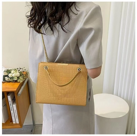 Sac À Bandoulière Motif Crocodile Pour Femme Cuir PU Chaîne Dorée Cabas Rectangulaire Sac À Main Commuter