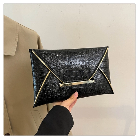 Women's Crocodile Pattern Clutch Bag PU Leather Envelope Evening Handbag Gold V Metal Trim Party Wedding Fashion Wristlet