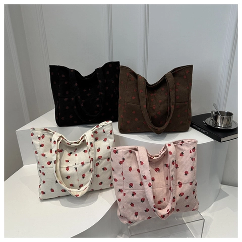Women's Corduroy Strawberry Print Tote Bag Large Capacity Casual Shoulder Bag With Magnetic Closure Eco Friendly Handbag For Shopping School