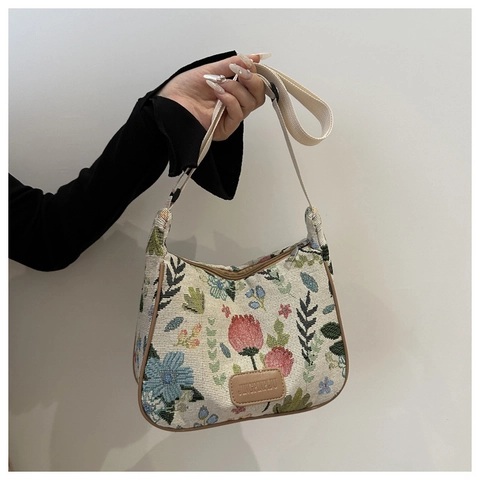 Borsa A Spalla Hobo Jacquard Floreale Retrò Donna Grande Capacità Versatile Tessuto Intrecciato Borsa A Tracolla