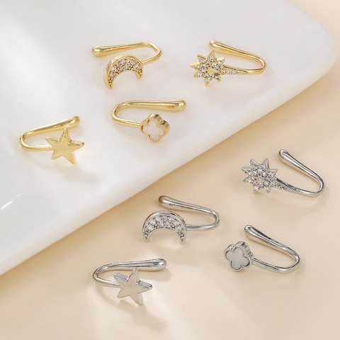 Clip On Nose Ring Copper Cubic Zirconia Non Pierced Star Moon Clover Body Jewelry Elegant Accessories For Women Girls