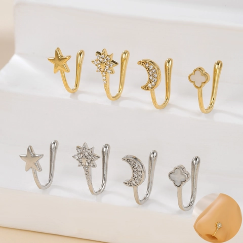 Clip On Nose Ring Copper Cubic Zirconia Non Pierced Star Moon Clover Body Jewelry Elegant Accessories For Women Girls