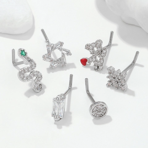 Nose Studs L-Shaped Brass 18K Gold Plated Cubic Zirconia Inlaid Cute Animal Bear Snake Star Piercing Jewelry For Women