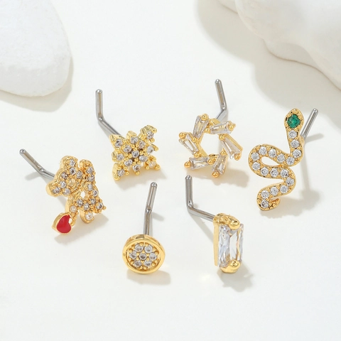 Nose Studs L-Shaped Brass 18K Gold Plated Cubic Zirconia Inlaid Cute Animal Bear Snake Star Piercing Jewelry For Women