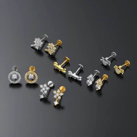 Fashion Labret Lip Rings Studs Copper Zirconia Flower Crocodile Spider Shapes Stainless Steel Bar Flat Back Piercing Jewelry