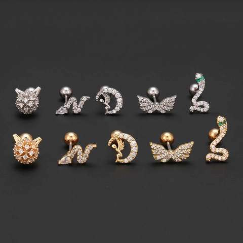 Cartilage Stud Earrings Angel Wing Snake Moon Angel Shapes Copper With Stainless Steel Earring Post Internal Screw Ball Back