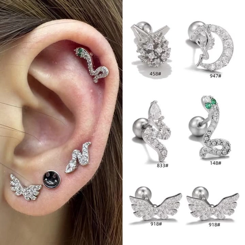 Cartilage Stud Earrings Angel Wing Snake Moon Angel Shapes Copper With Stainless Steel Earring Post Internal Screw Ball Back