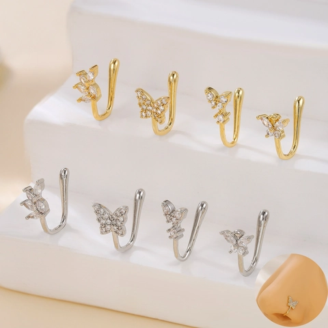 Copper Zirconia Butterfly Heart Leaf Nose Ring Non Piercing Nose Cuff Jewelry For Women Gold Silver Non Pierced Nose Clip