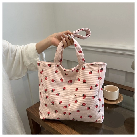 Women's Corduroy Strawberry Print Tote Bag Large Capacity Casual Shoulder Bag With Magnetic Closure Eco Friendly Handbag For Shopping School