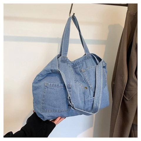 Large Capacity Denim Tote Bag For Women Casual Multi Pocket Shoulder Bag Vintage Washed Denim Crossbody Bag High Quality Denim Handbag Shopping Travel Bag