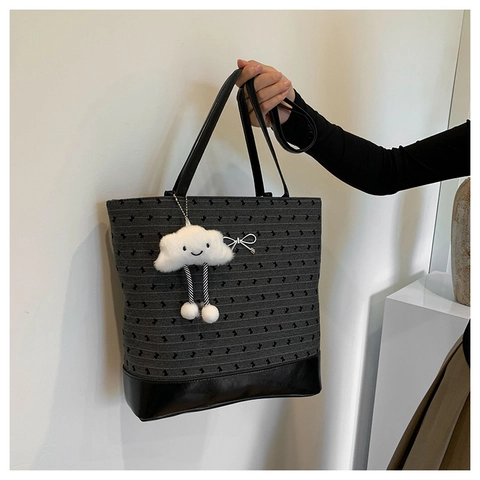 Women Large Capacity Tote Bag PU Leather Fabric Patchwork Bow Decor Plaid Polka Dot Print Commuting Shoulder Bag Charm