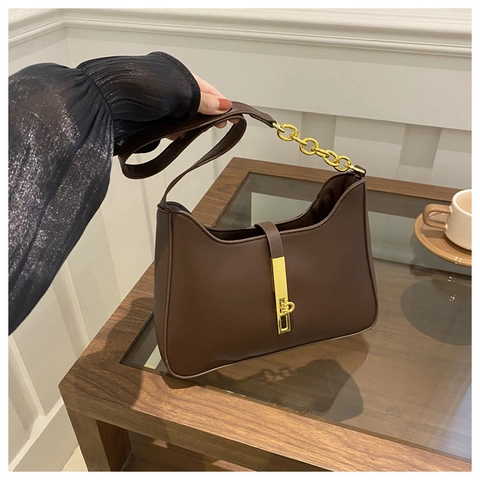 Borsa Sottobraccio in Pelle PU Trendy per Donna Borsa a Tracolla in Tinta Unita Con Catena in Metallo e Chiusura a Pistone