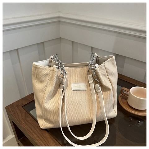 Damen Große Kapazität Leinwand Tragetasche PU Leder Metallkette Riemen Mode Street Style Pendler Umhängetasche Alltag Tasche