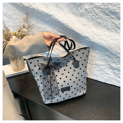 Borsa Tote A Pois Da Donna Grande Capacità Borsa A Mano In Tessuto Con Decorazione Fiocco In Pizzo Borsa A Spalla Trendy