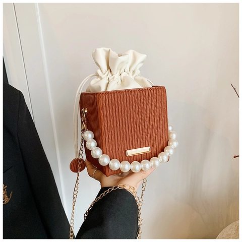 Fashion Pleated PU Leather Square Bucket Bag For Women Chic Artificial Pearl Handle Drawstring Inner Bag Gold Chain Crossbody Bag