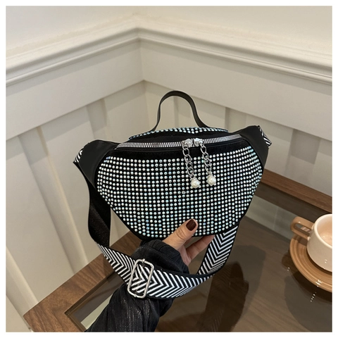 Rhinestone Waist Bag Women PU Leather Chest Crossbody Handbag With Wide Herringbone Strap Sparkling Artificial Pearl Zipper Pull