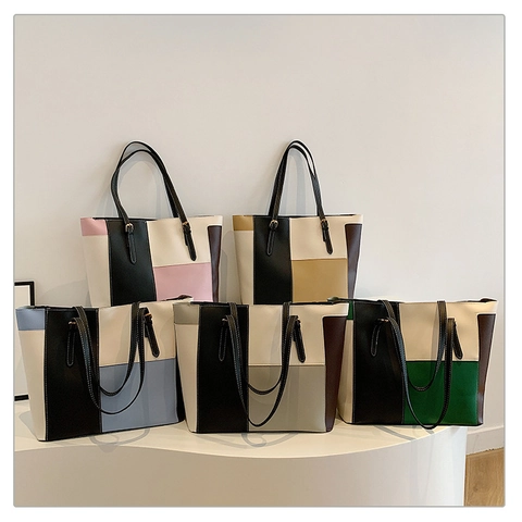 Bolso Tote de Cuero PU con Bloques de Color para Mujer Gran Capacidad Minimalista Casual Geométrico Bolso de Hombro