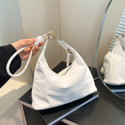 Women Pleated Hobo Shoulder Bag With Bead Decoration Chic Underarm Bag Minimalist Solid Color Soft PU Leather Casual Trendy