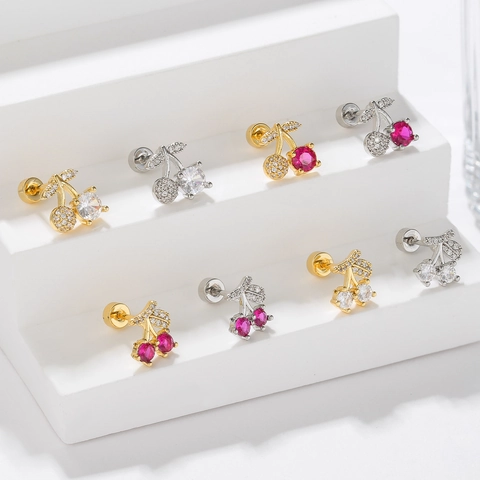 Cherry Rabbit Fruit Zircon Stud Earrings Copper With Stainless Steel Earring Post Small Screw Back For Women