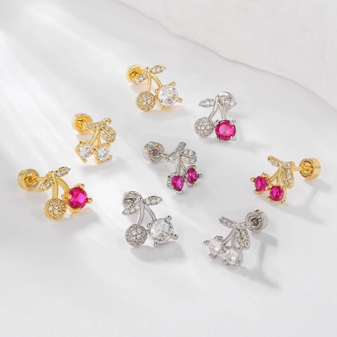 Cherry Rabbit Fruit Zircon Stud Earrings Copper With Stainless Steel Earring Post Small Screw Back For Women