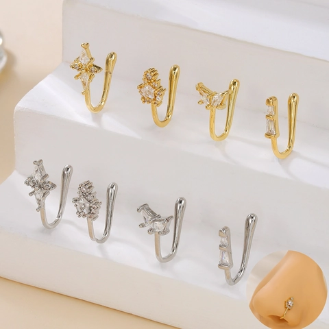 Zircon U Shaped Nose Clip Non Pierced 18K Gold Plated Copper Geometric Fake Nose Ring For Women