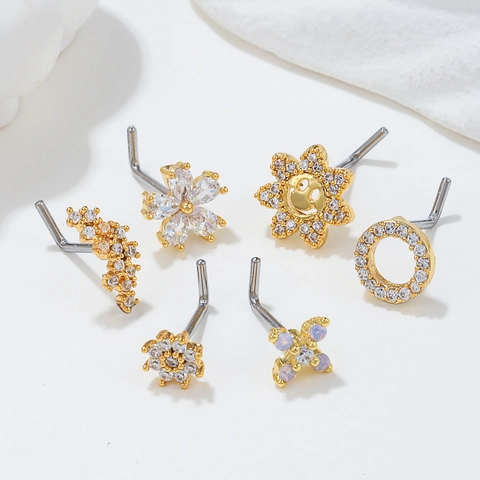 L-Förmige Nasenstecker Edelstahl Kupfer Zirkonia Sonnenblume Blume Lächeln Gesicht Kreuz Piercing Schmuck