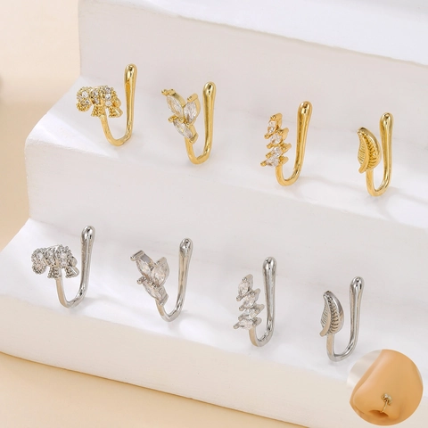 Copper Zirconia Non Pierced Nose Ring Clip On U Shaped Leaf Elephant Bow Nose Cuff Body Jewelry For Women Men