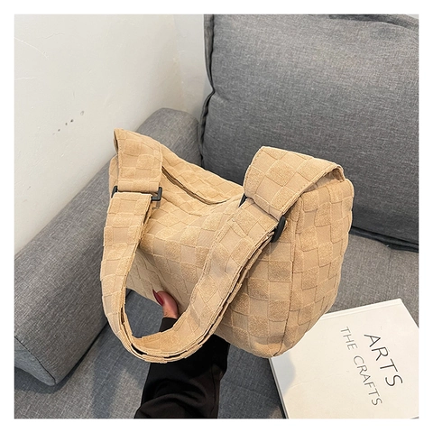 Borsa a Spalla Hobo da Donna con Trama a Scacchiera Intrecciata Grande Capacità Borsa a Tracolla in Flanella a Quadri con Tracolla Larga Regolabile Minimalista Urbana