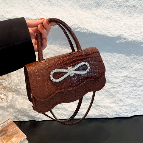 Dames Krokodillenpatroon PU Leer Handtas Strass Strik Golvende Rand Kleine Vierkante Schoudertas Crossbody Mode