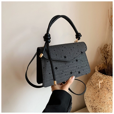 Bolso Bandolera Retro de Tela de Espiguilla para Mujer con Estampado de Lunares Estrella Corazón Bolso Cuadrado con Asa de Nudo