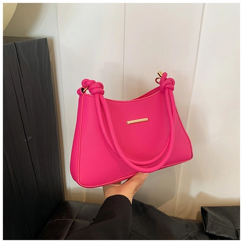 Bolso de Hombro para Mujer de Cuero PU con Grano de Lichi Minimalista Color Sólido Bolso Cuadrado Pequeño Decoración Metal Oro Correa Anudada