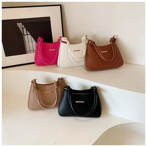 Bolso de Hombro para Mujer de Cuero PU con Grano de Lichi Minimalista Color Sólido Bolso Cuadrado Pequeño Decoración Metal Oro Correa Anudada