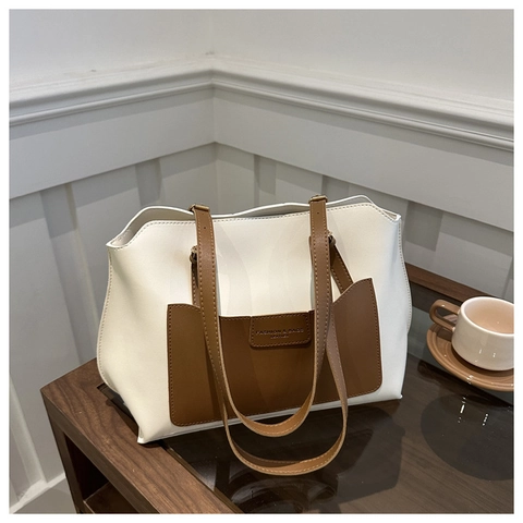 Borsa Tote Da Donna Pelle PU Grande Capacità Blocchi Di Colore Minimalista Pendolare Borsa A Spalla Con Cerniera Tasca Frontale