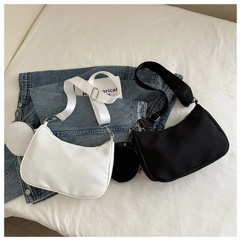 Women Nylon Underarm Hobo Bag With Detachable Round Coin Purse Wide Adjustable Shoulder Strap Crescent Crossbody