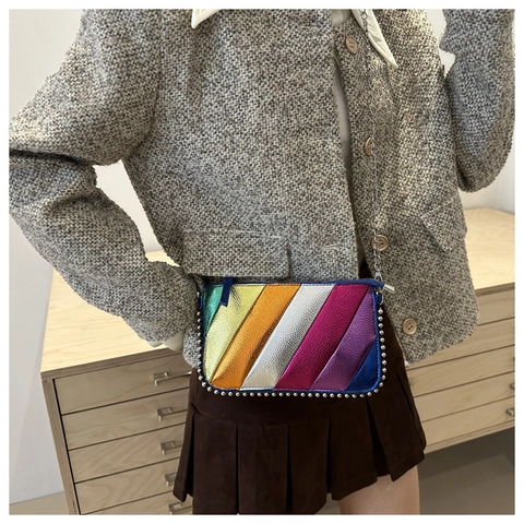 Rainbow Metallic Stripe Crossbody Bag PU Leather Splicing Rivet Decor Silver Chain Shoulder Square Bag For Women